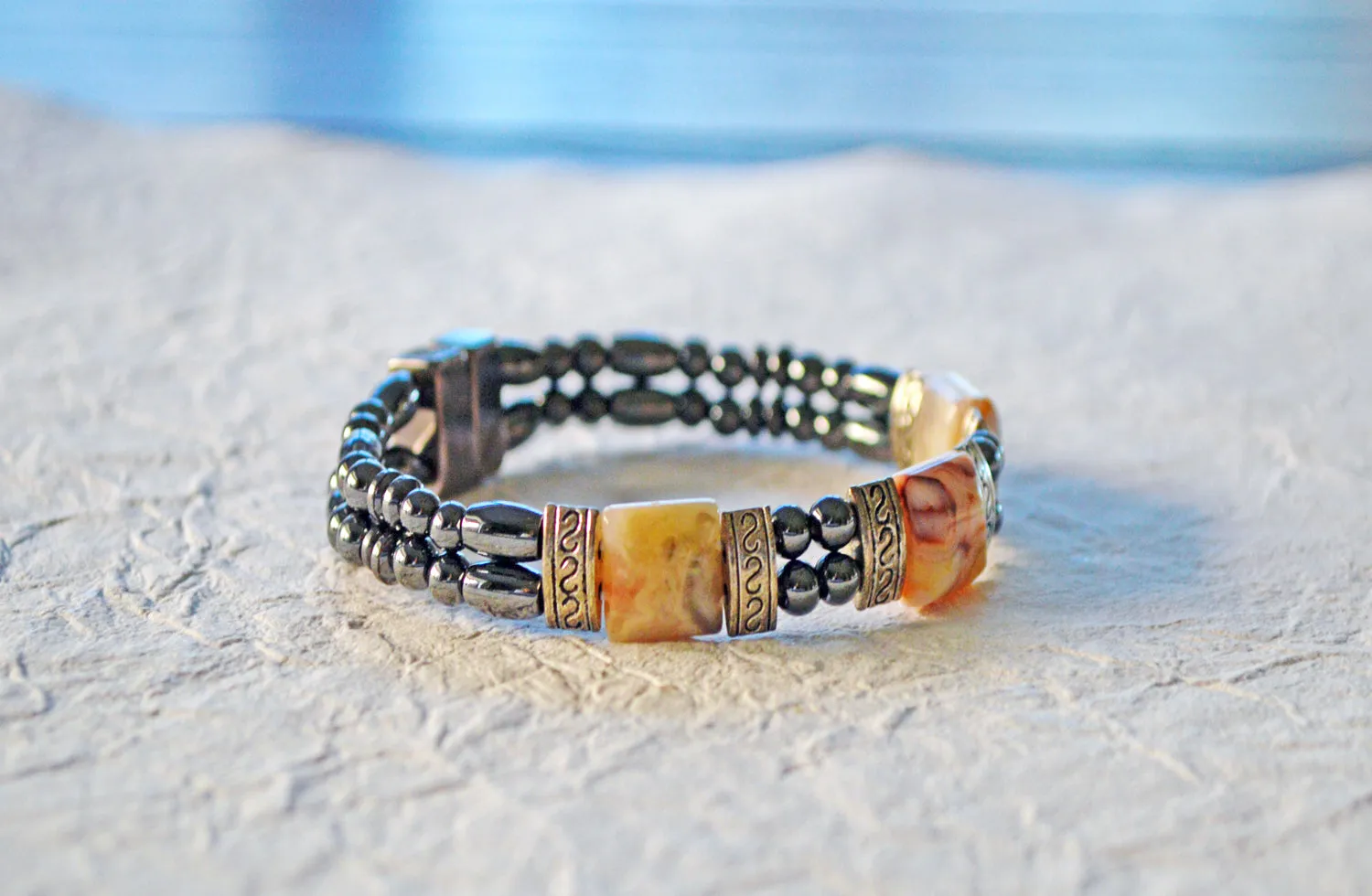 Black Hematite and Agate Magnetic Bracelet for Pain