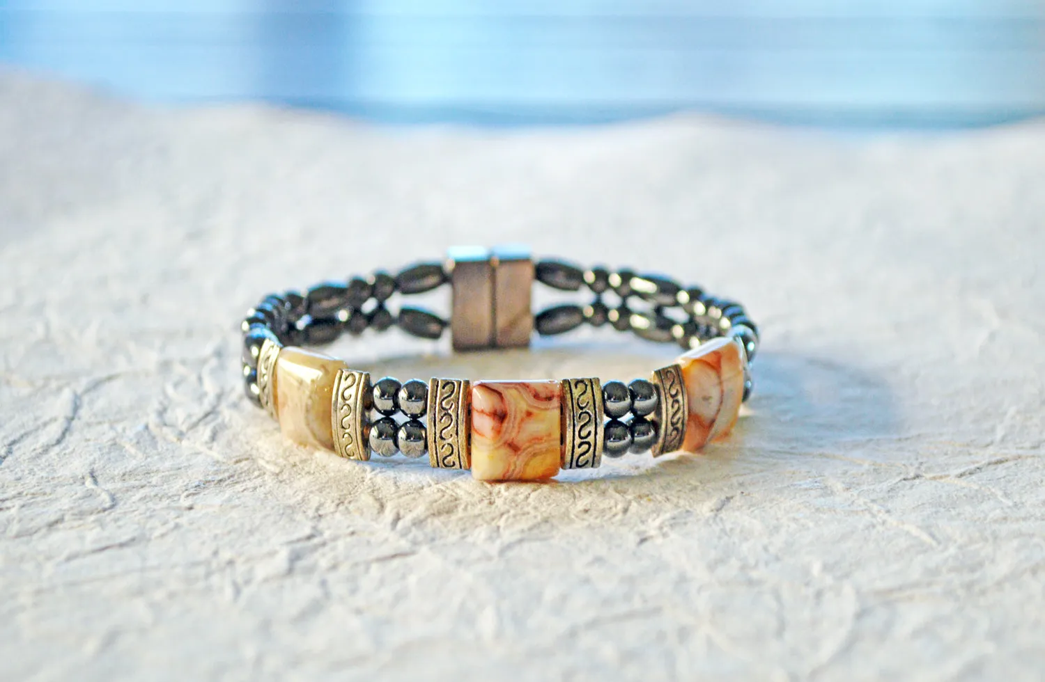 Black Hematite and Agate Magnetic Bracelet for Pain