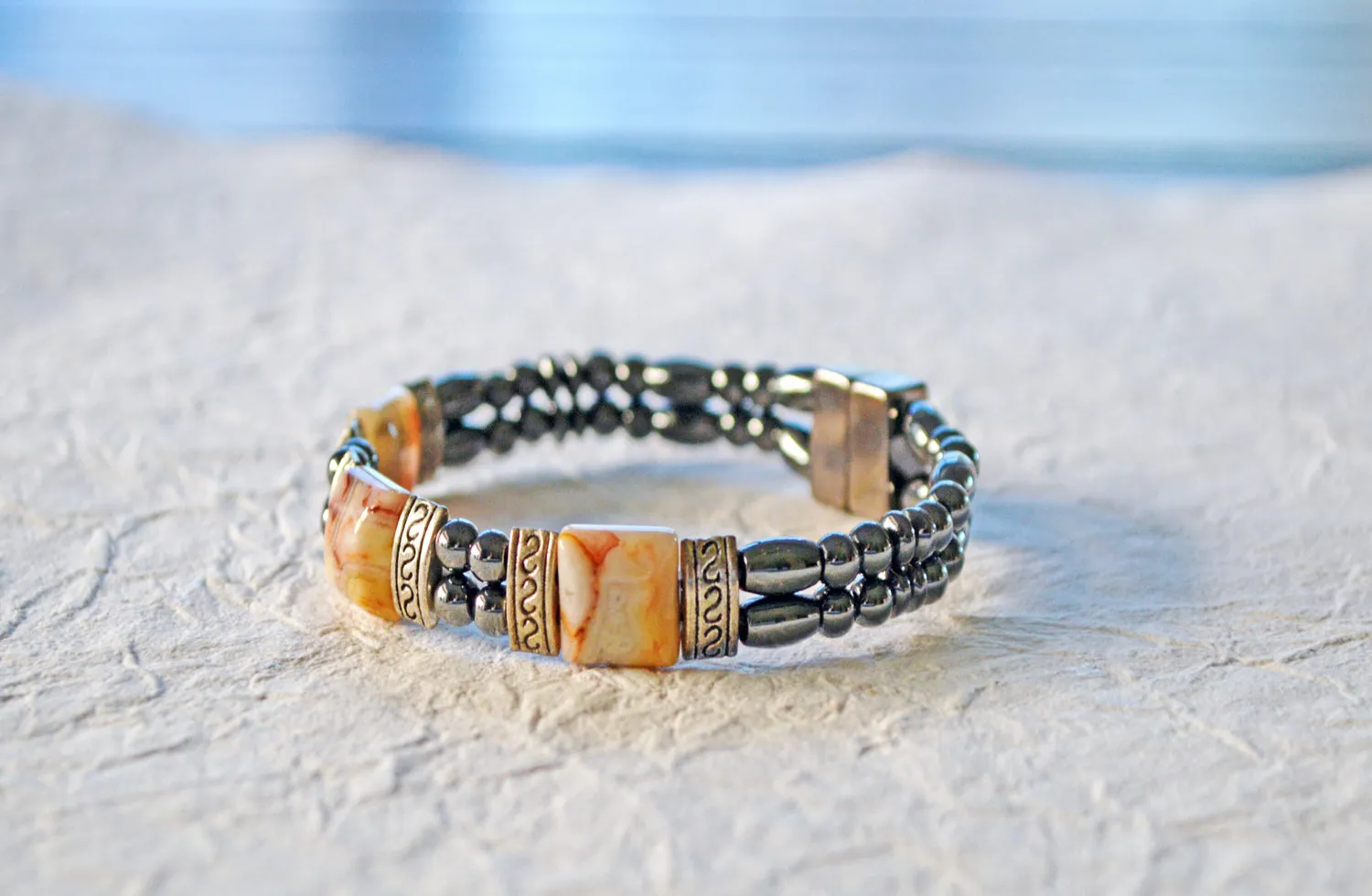 Black Hematite and Agate Magnetic Bracelet for Pain