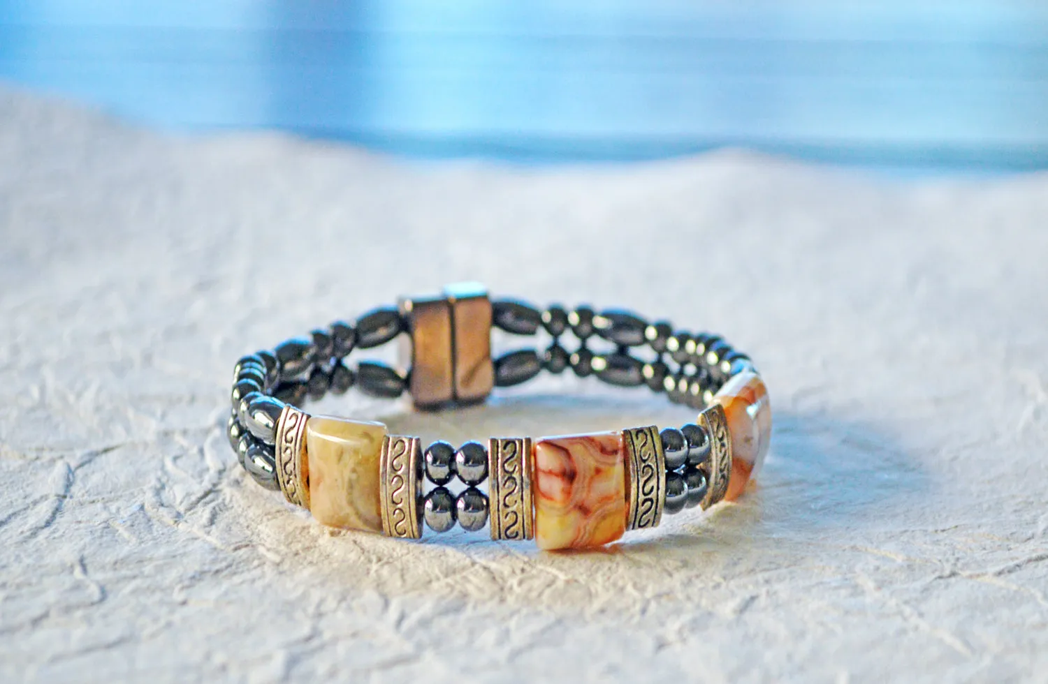 Black Hematite and Agate Magnetic Bracelet for Pain