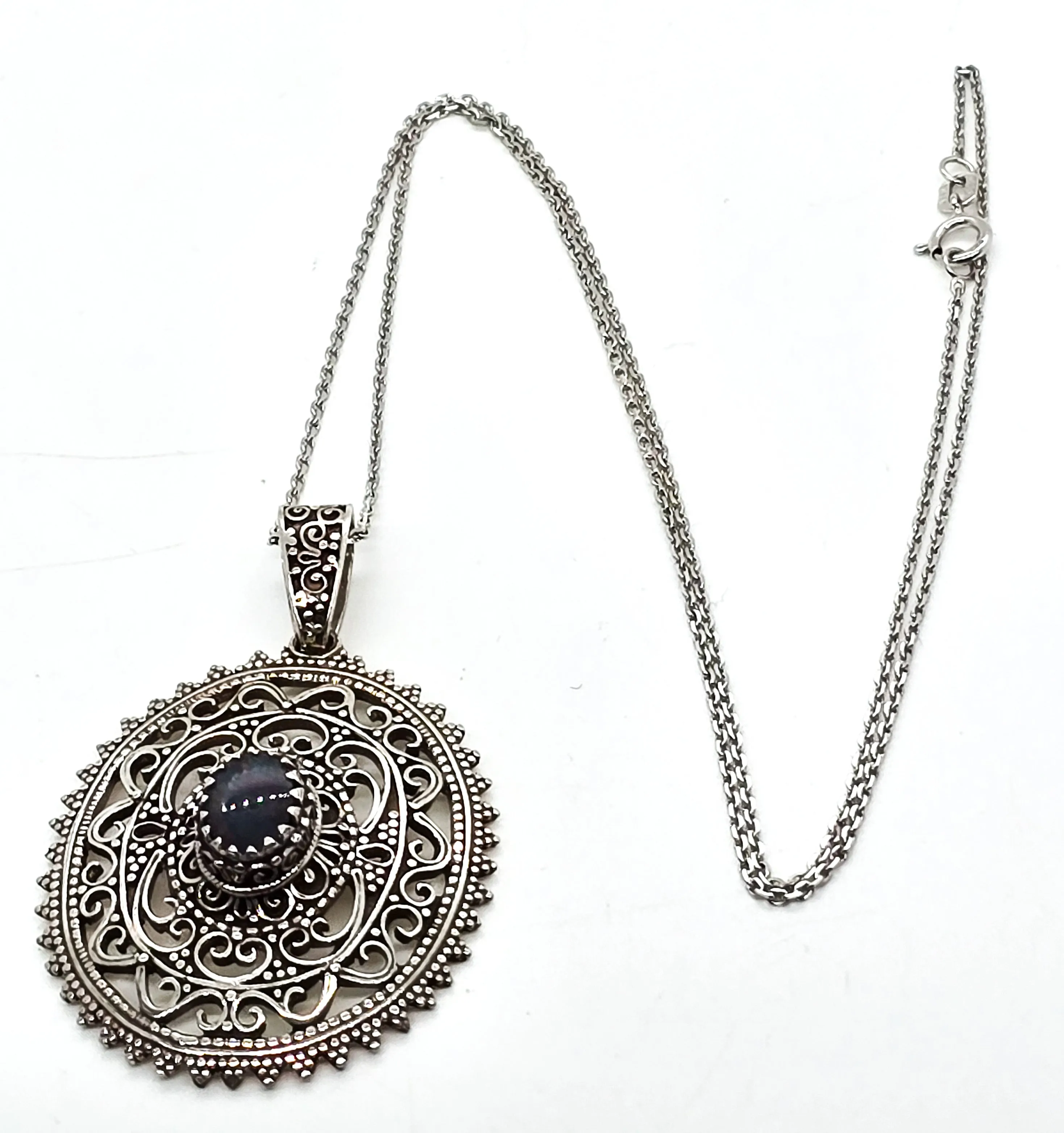 Black Opal Bali tribal style large sterling silver open work pendant necklace