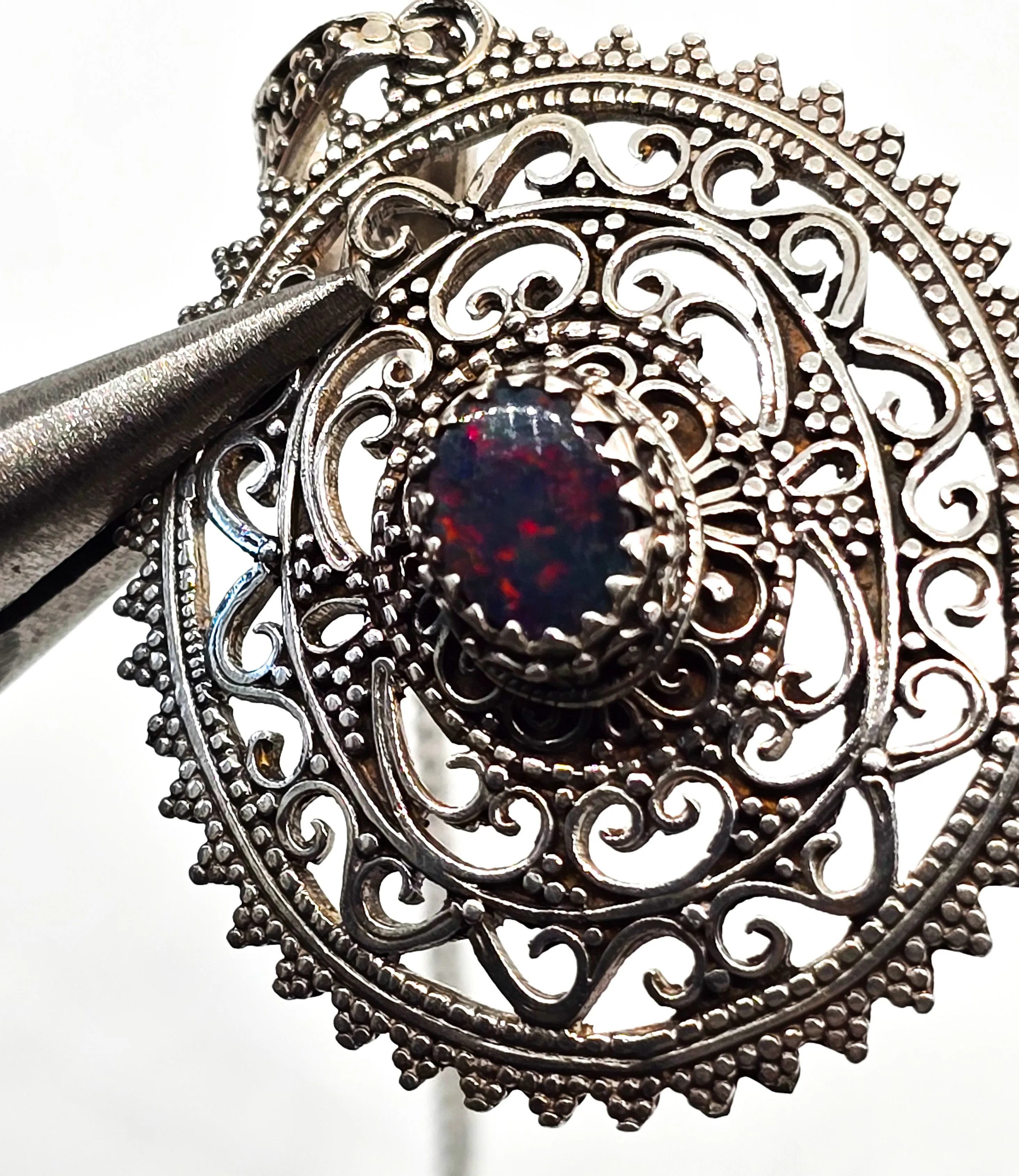 Black Opal Bali tribal style large sterling silver open work pendant necklace
