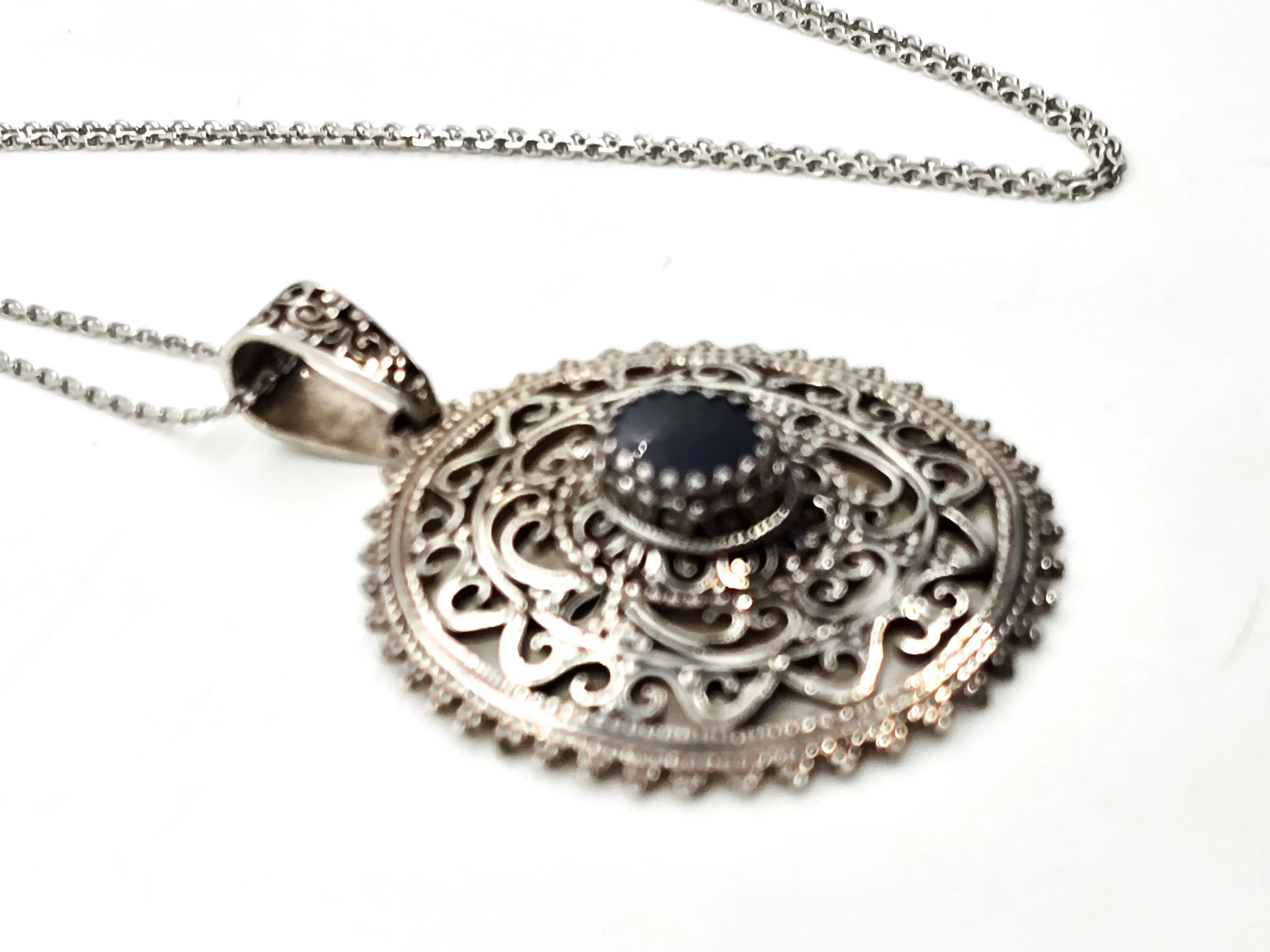 Black Opal Bali tribal style large sterling silver open work pendant necklace