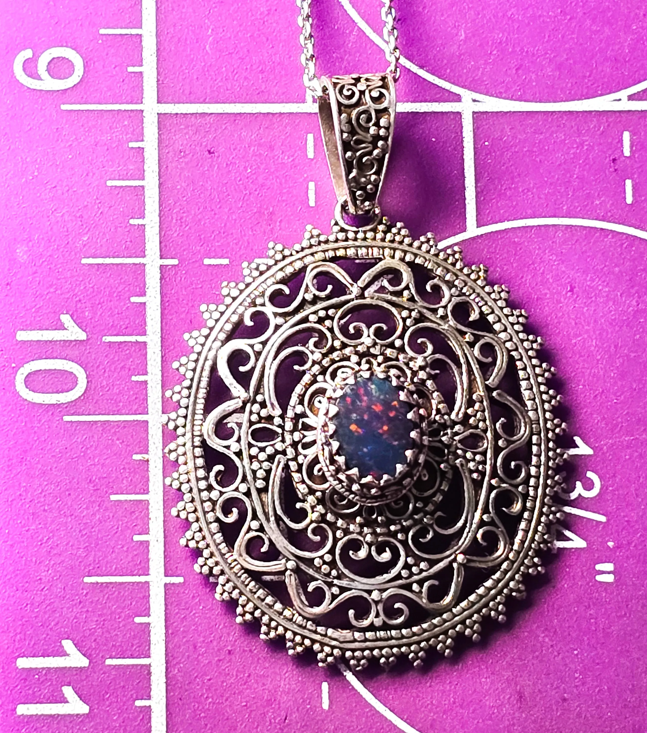 Black Opal Bali tribal style large sterling silver open work pendant necklace