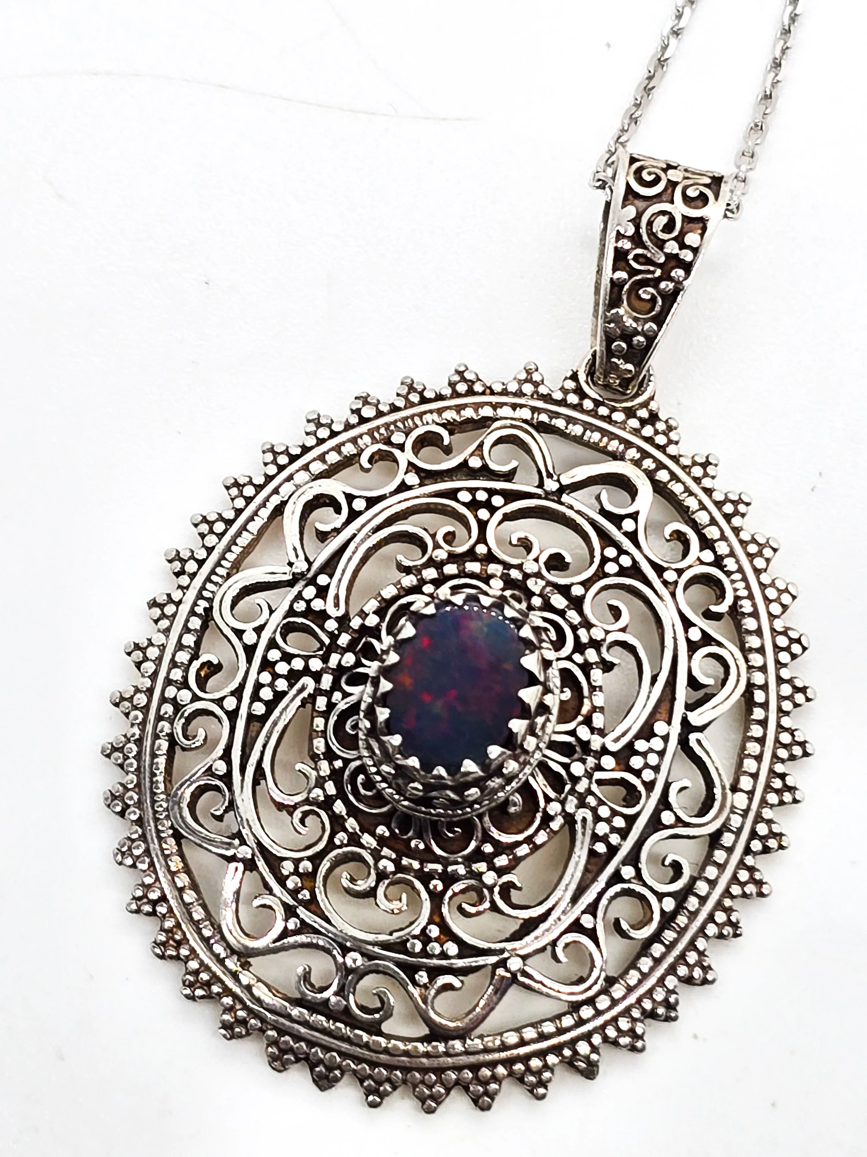Black Opal Bali tribal style large sterling silver open work pendant necklace