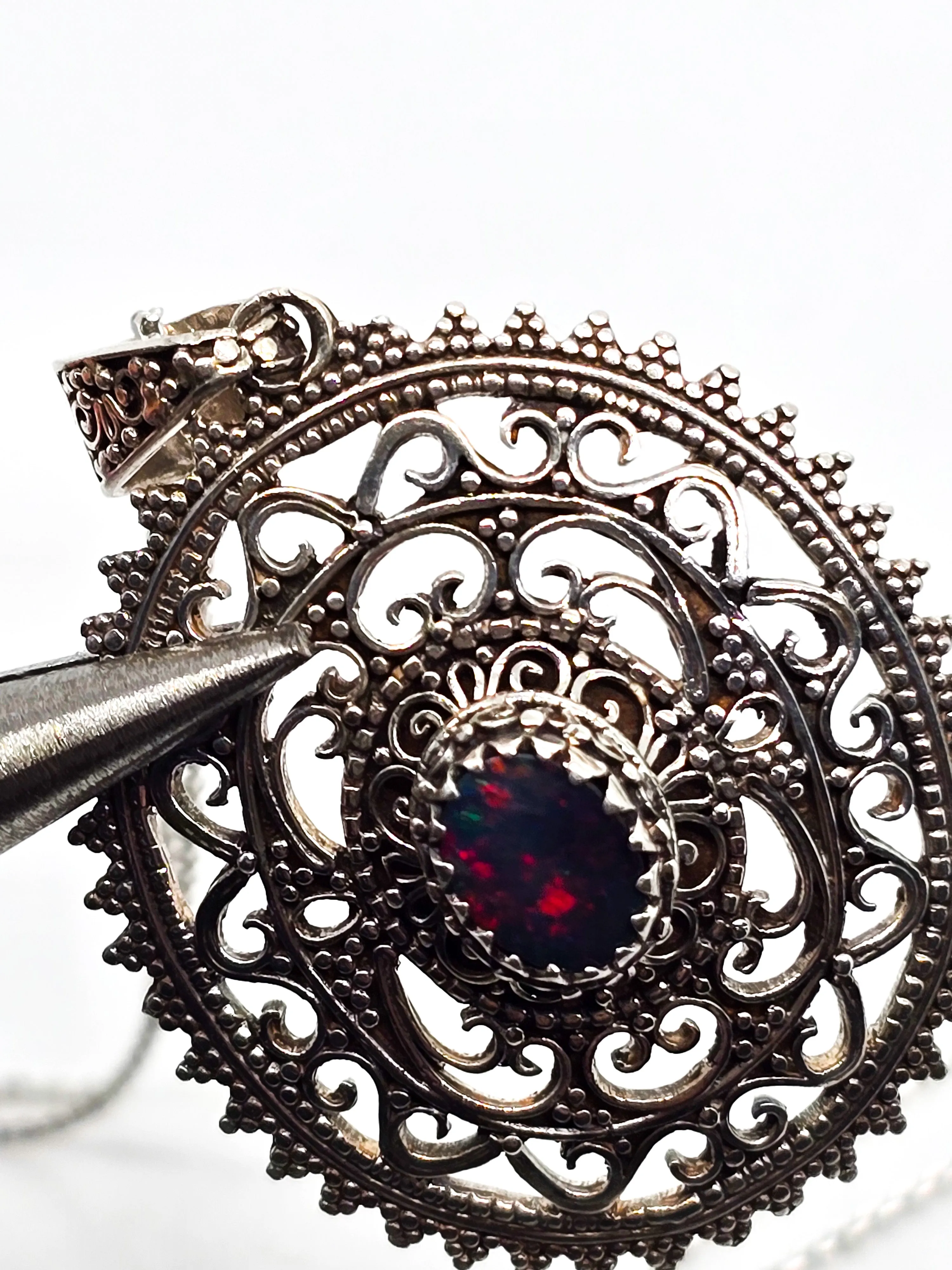 Black Opal Bali tribal style large sterling silver open work pendant necklace