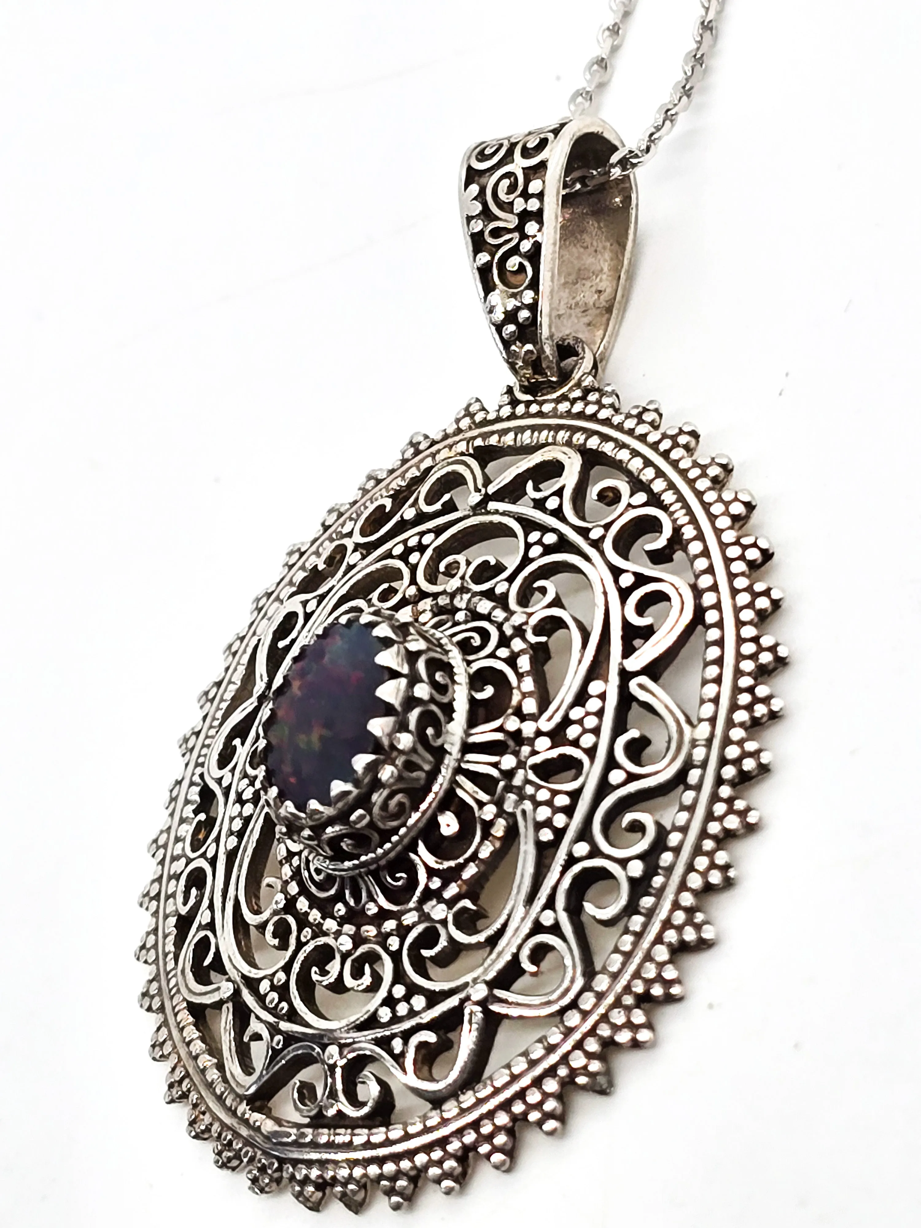 Black Opal Bali tribal style large sterling silver open work pendant necklace