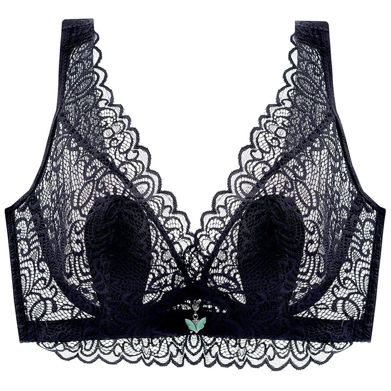 Black--Plus Size Lace Breathable Lightly Lined Push Up Wide Shoulder Bras
