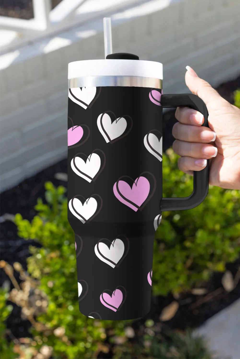 Black Valentines Heart Printed Thermos Cup with Handle