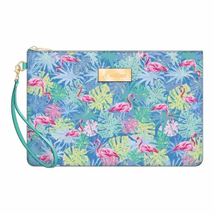 Blue Zip Pouch Wristlet with Hot Pink Flamingos Patten Design Printed