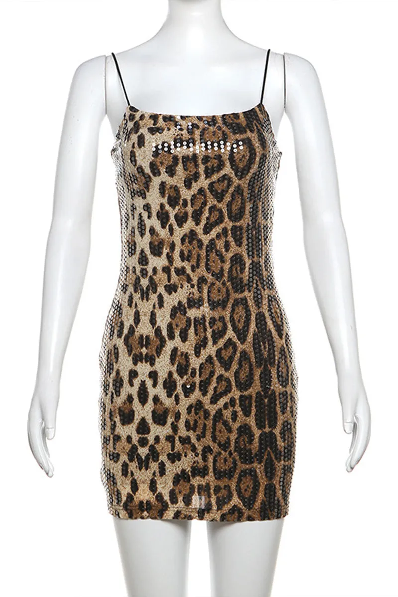 BN0229 Leopard Sequins Mini Dress