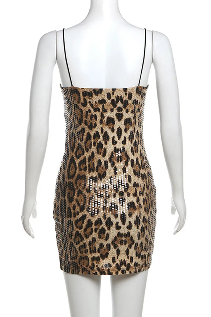 BN0229 Leopard Sequins Mini Dress