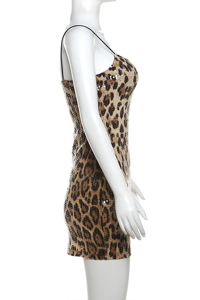 BN0229 Leopard Sequins Mini Dress