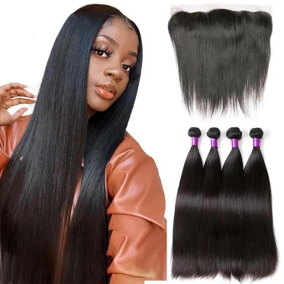 Brazilian Straight 4 Bundles With 13×4 Lace Frontal 10A Grade 100% Human Remy Hair MYLOCKME