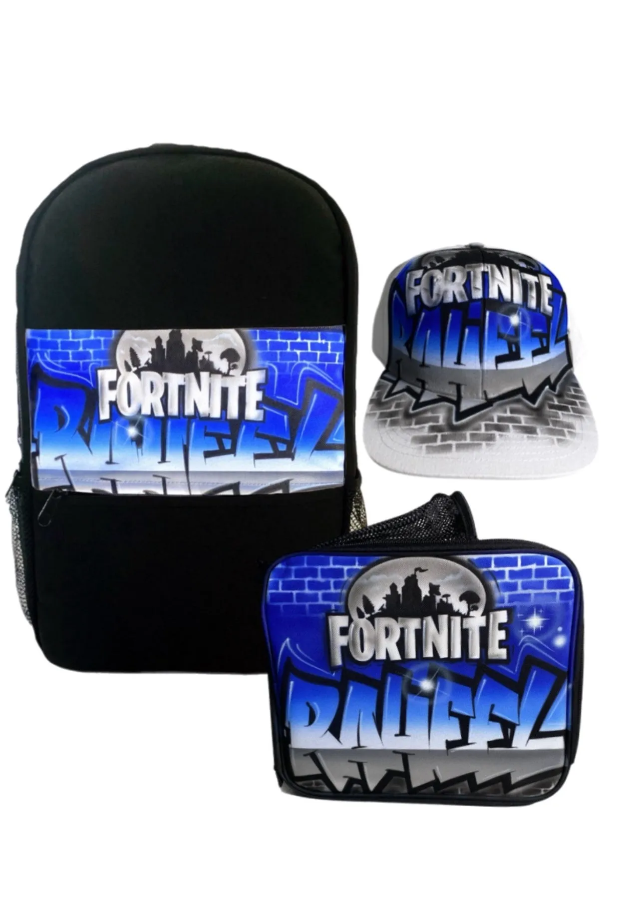 Brickwall Graffiti Fortnit Personalised Bundle 1x TruckerCap, 1x Backpack, 1x Lunchbox