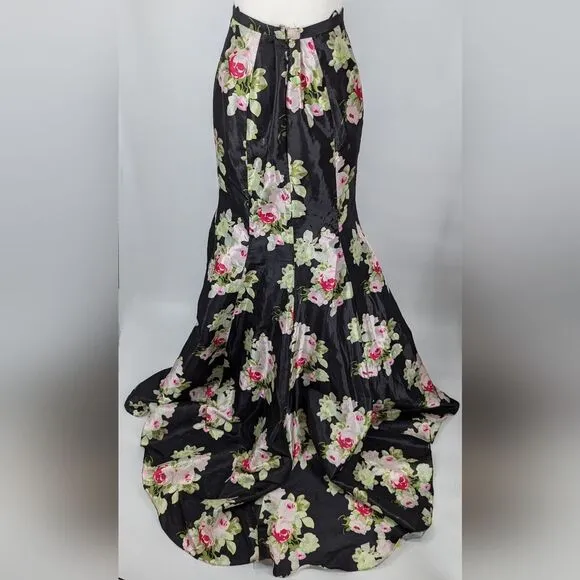 Camille La Vie Black Pink Green Floral Formal Satin Mermaid Maxi Prom Skirt 8