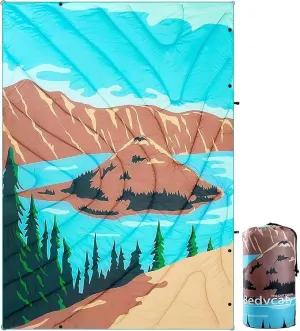 Camping Blanket, Puffy Waterproof Travel Blanket, Picnic Blanket, for Outdoors, Travel. (Lake, 69"x 53")