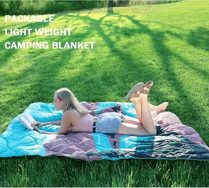 Camping Blanket, Puffy Waterproof Travel Blanket, Picnic Blanket, for Outdoors, Travel. (Lake, 69"x 53")