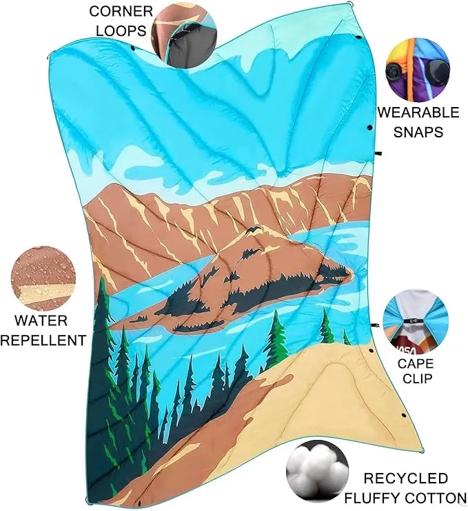 Camping Blanket, Puffy Waterproof Travel Blanket, Picnic Blanket, for Outdoors, Travel. (Lake, 69"x 53")