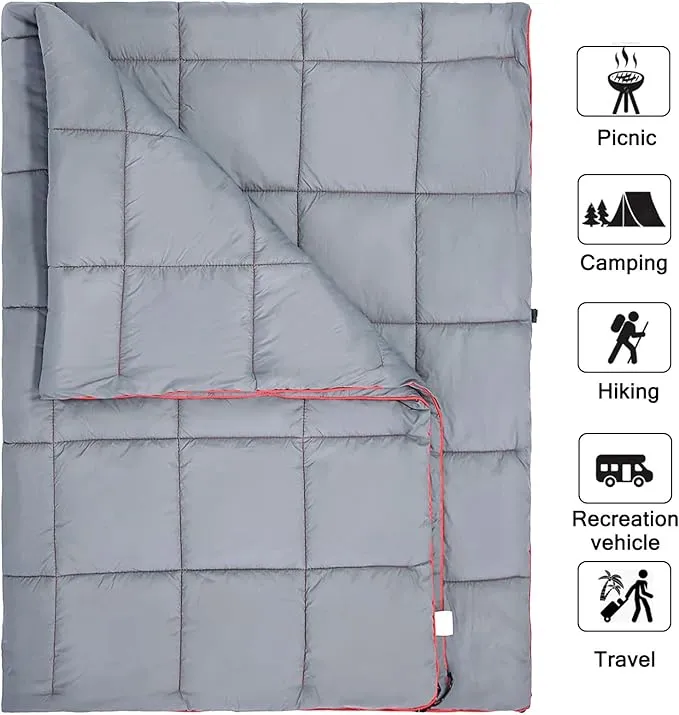 Camping Blanket, Puffy Waterproof Travel Blanket, Warm Cozy Picnic Blanket, for Outdoors, Travel, and Mountain.(Grey, 55" x 39")