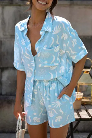 Casual Daily Print Pocket Turndown Collar Short Sleeve Two Pieces