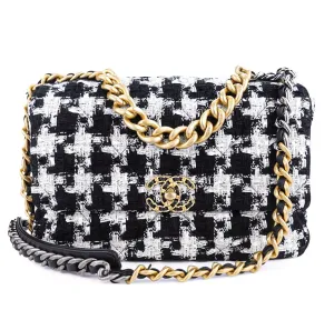 CHANEL 19 Medium Flap Bag in Black And White Ribbon Houndstooth Tweed