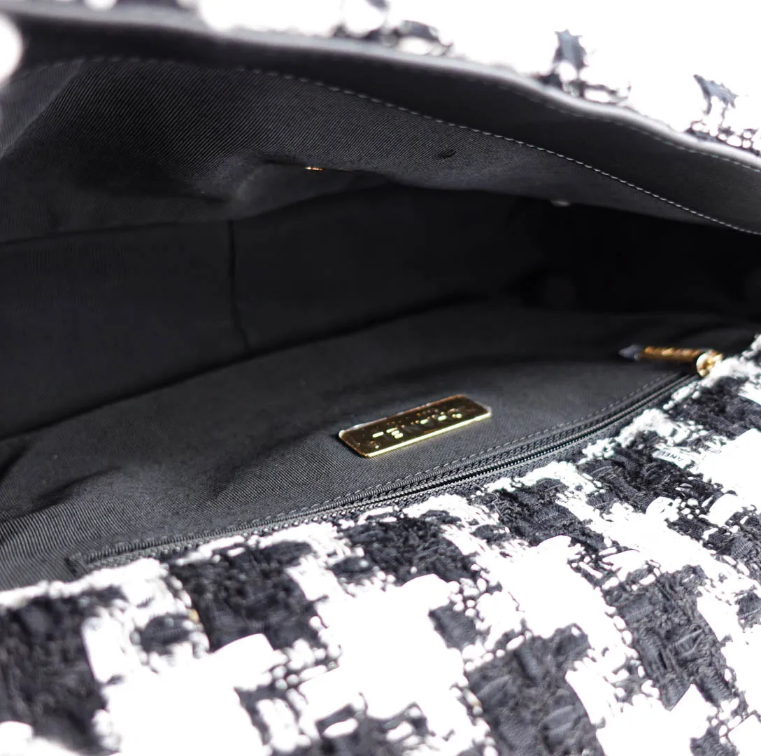 CHANEL 19 Medium Flap Bag in Black And White Ribbon Houndstooth Tweed