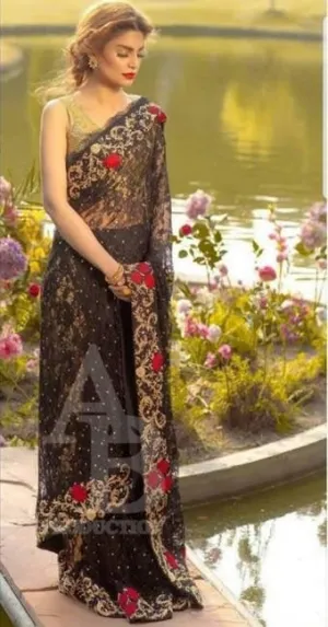 Chiffon Bridal Bangali Saree In Black And Golden Color Model# B 1815