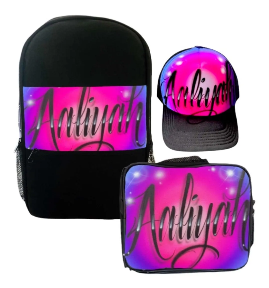 Circle Fade Script Style Custom Combo (17) 1x TruckerCap, 1x Backpack, 1x Lunchbox