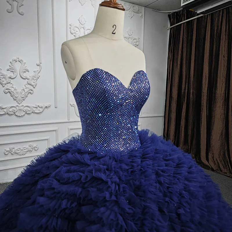 Classic Dark Navy Strapless Quinceanera Dresses Sleeveless Sweetheart Beading Ball Gown