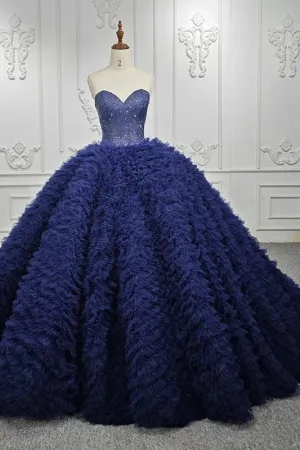 Classic Dark Navy Strapless Quinceanera Dresses Sleeveless Sweetheart Beading Ball Gown