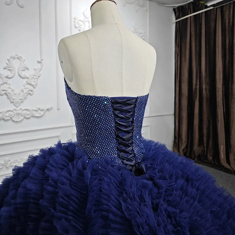 Classic Dark Navy Strapless Quinceanera Dresses Sleeveless Sweetheart Beading Ball Gown