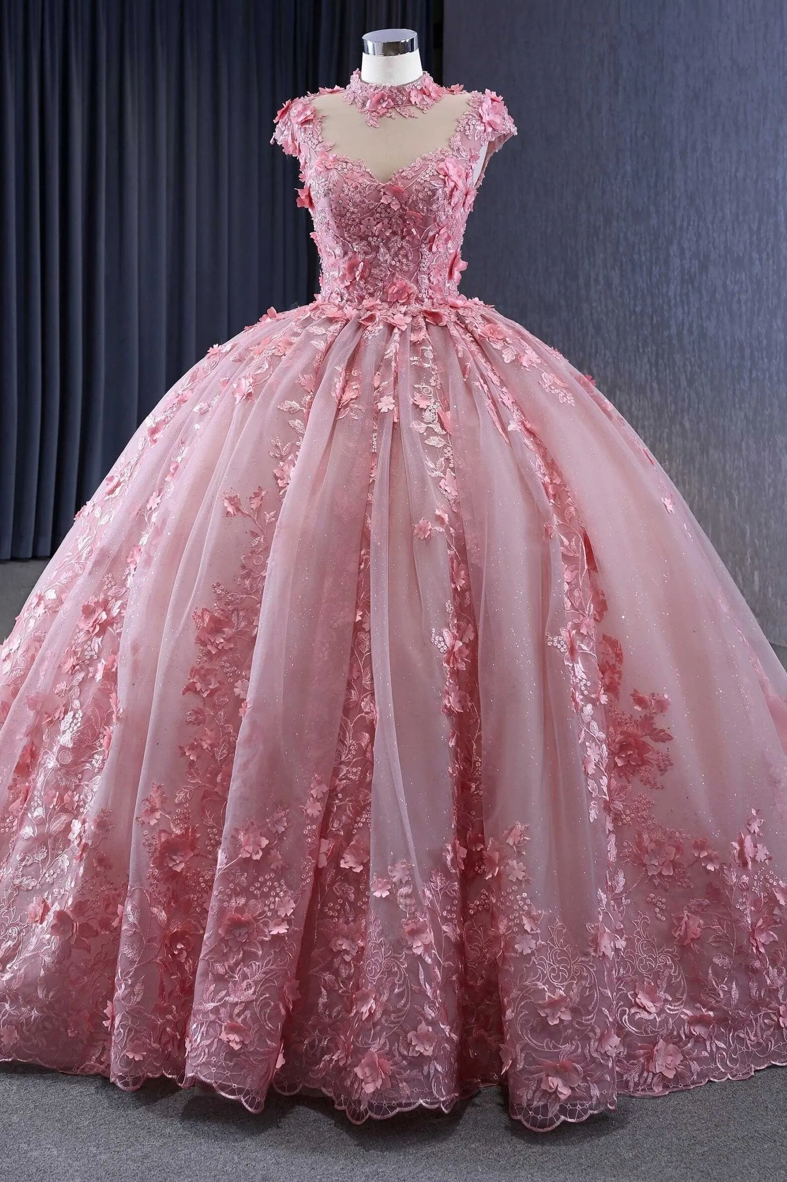 Classic Pink Cap Sleeves Quinceanera Dresses Sheer Neck Appliques Ball Gown