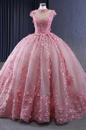 Classic Pink Cap Sleeves Quinceanera Dresses Sheer Neck Appliques Ball Gown