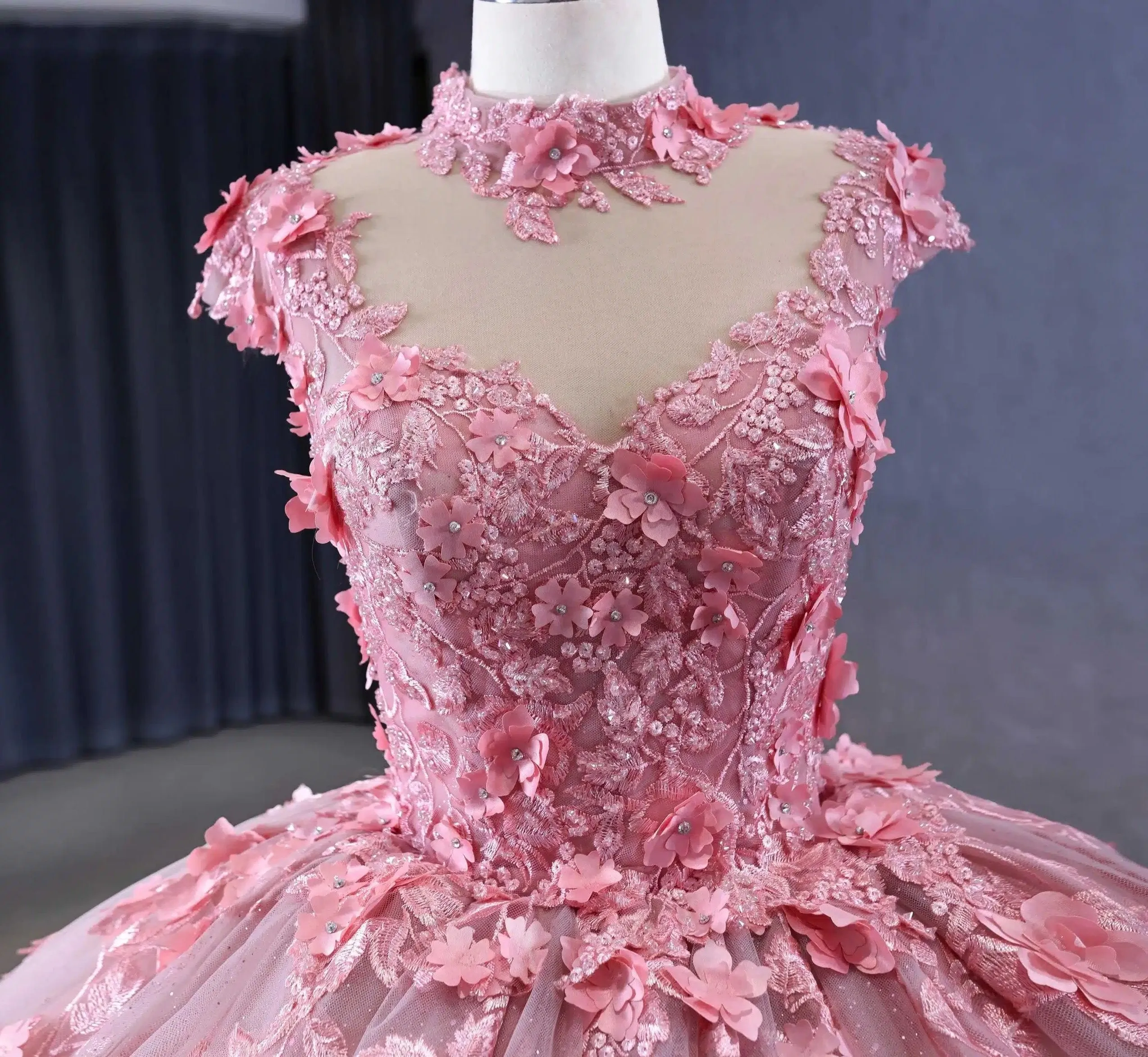 Classic Pink Cap Sleeves Quinceanera Dresses Sheer Neck Appliques Ball Gown