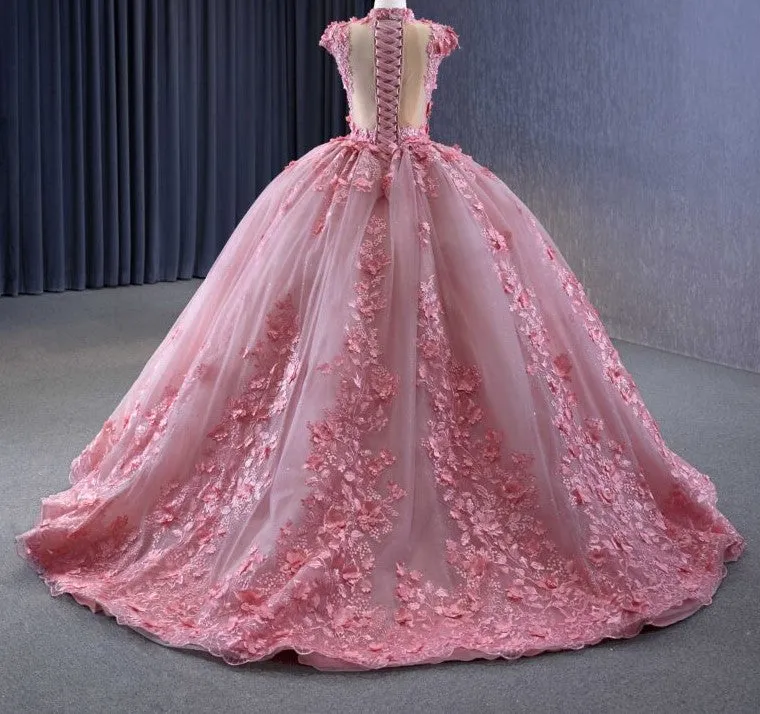 Classic Pink Cap Sleeves Quinceanera Dresses Sheer Neck Appliques Ball Gown