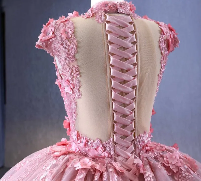 Classic Pink Cap Sleeves Quinceanera Dresses Sheer Neck Appliques Ball Gown