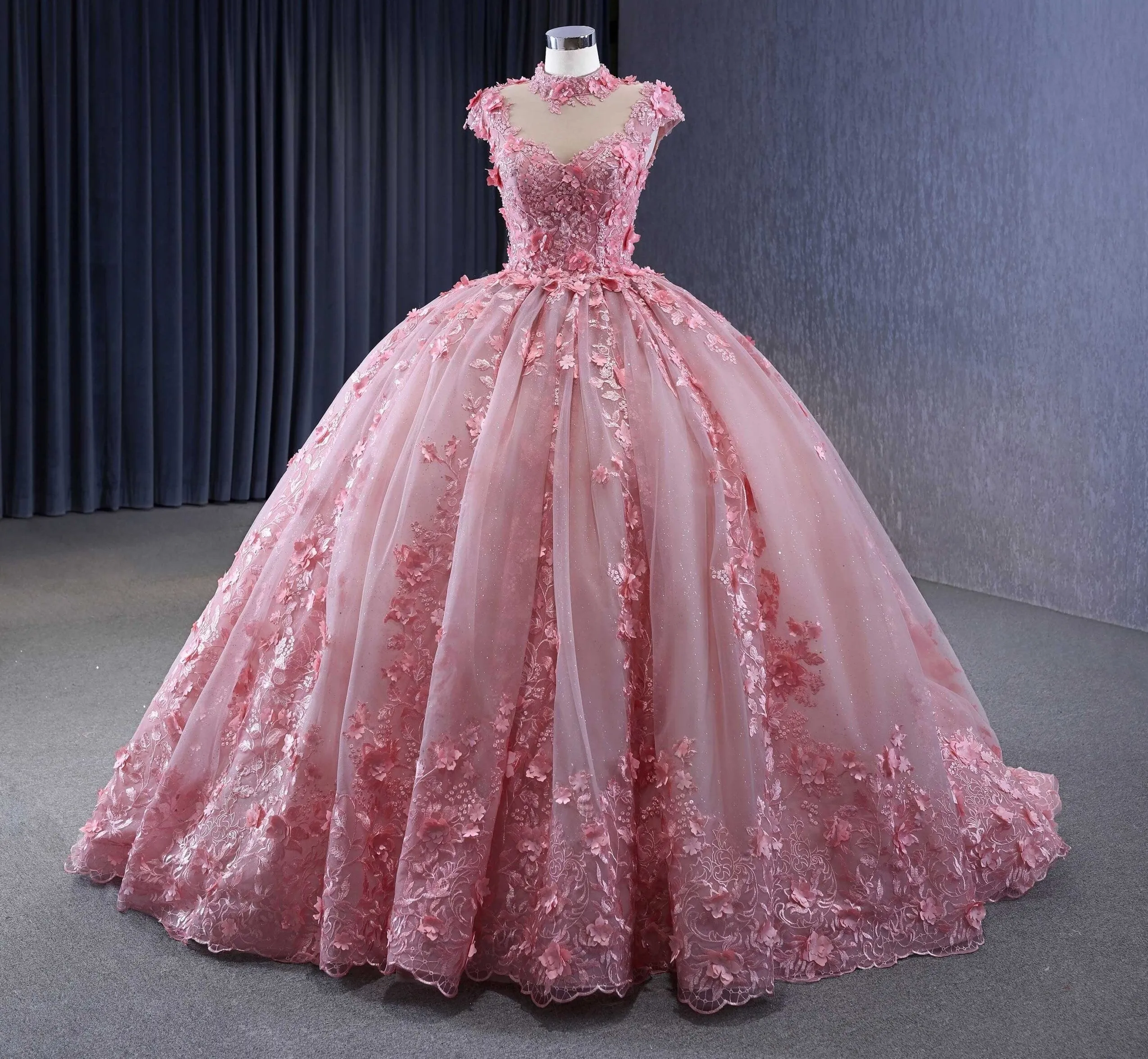 Classic Pink Cap Sleeves Quinceanera Dresses Sheer Neck Appliques Ball Gown