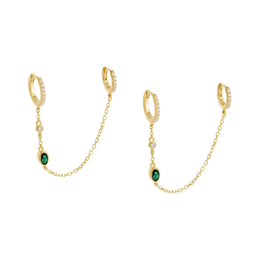 Colored Stone Double Chain Huggie Earring