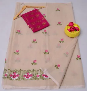 Cream Kota Doria Embroidery Work Saree