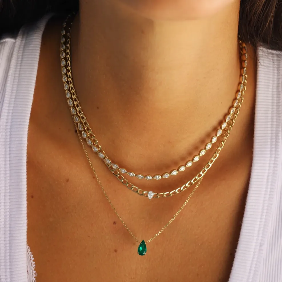 Curb Link Chain Necklace w/ Pear Diamond Center in Rose Gold