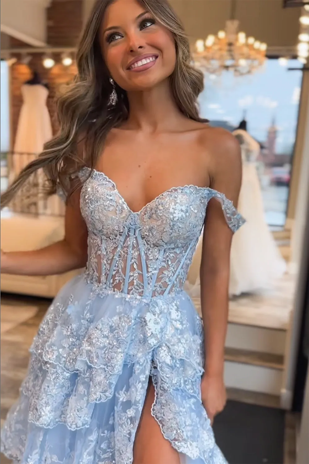 Dark Blue Off The Shoulder Tiered Prom Dress