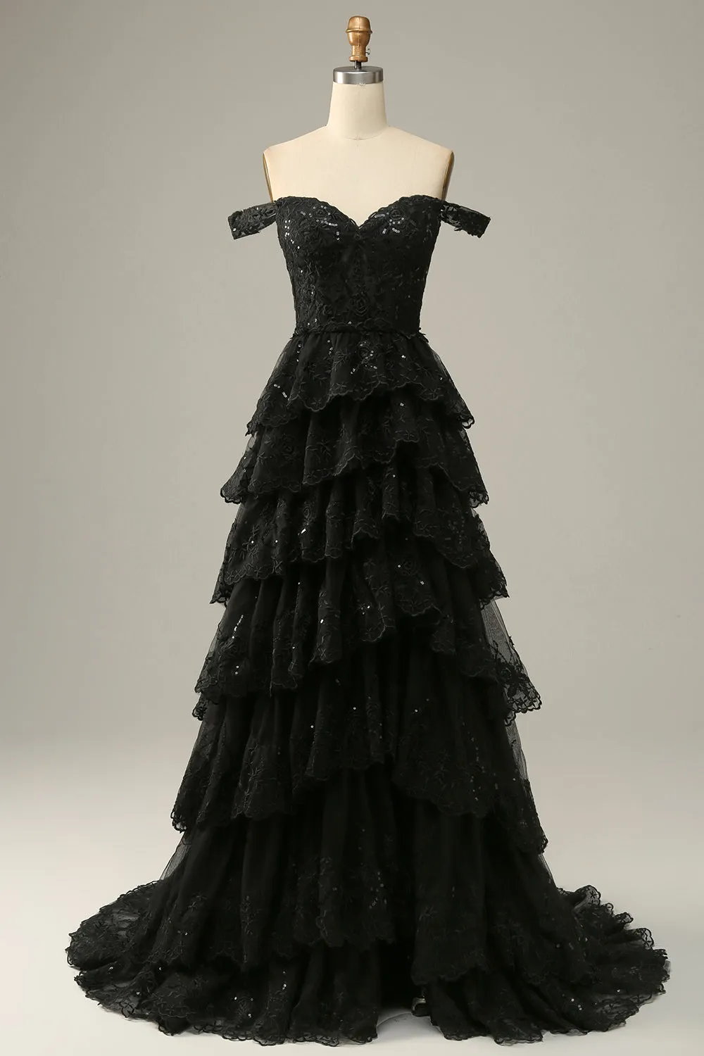 Dark Blue Off The Shoulder Tiered Prom Dress