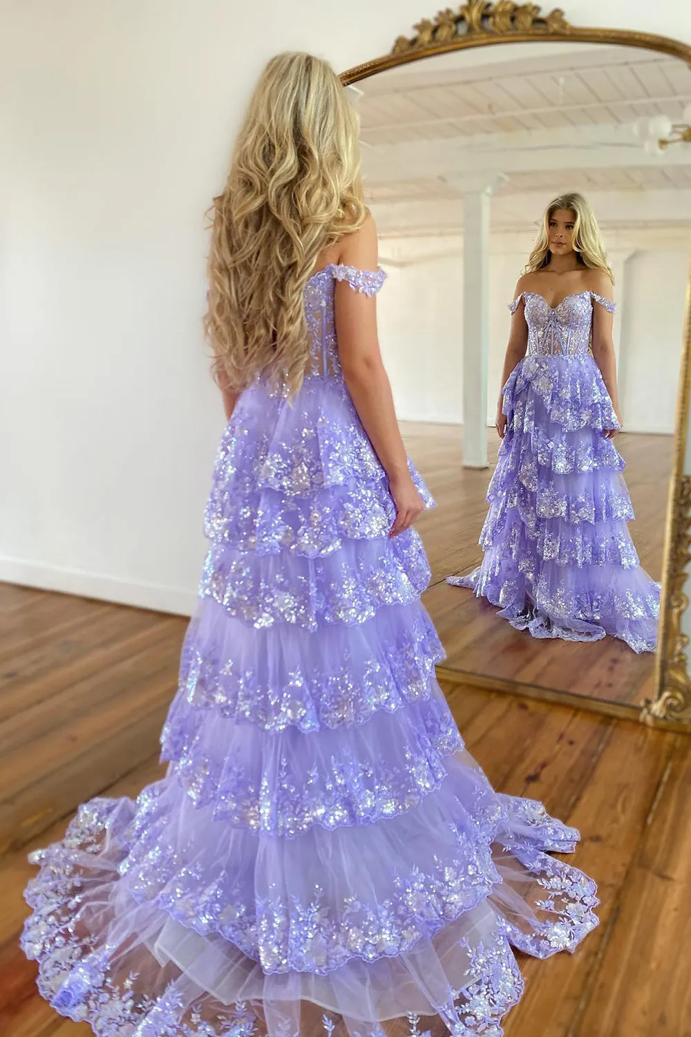 Dark Blue Off The Shoulder Tiered Prom Dress