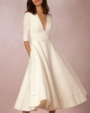 Deep V Neck Sexy Long Party Dress Women Half Sleeve White Elegant Office Work Dress Plus Size S~3XL Vintage A-line Dresses