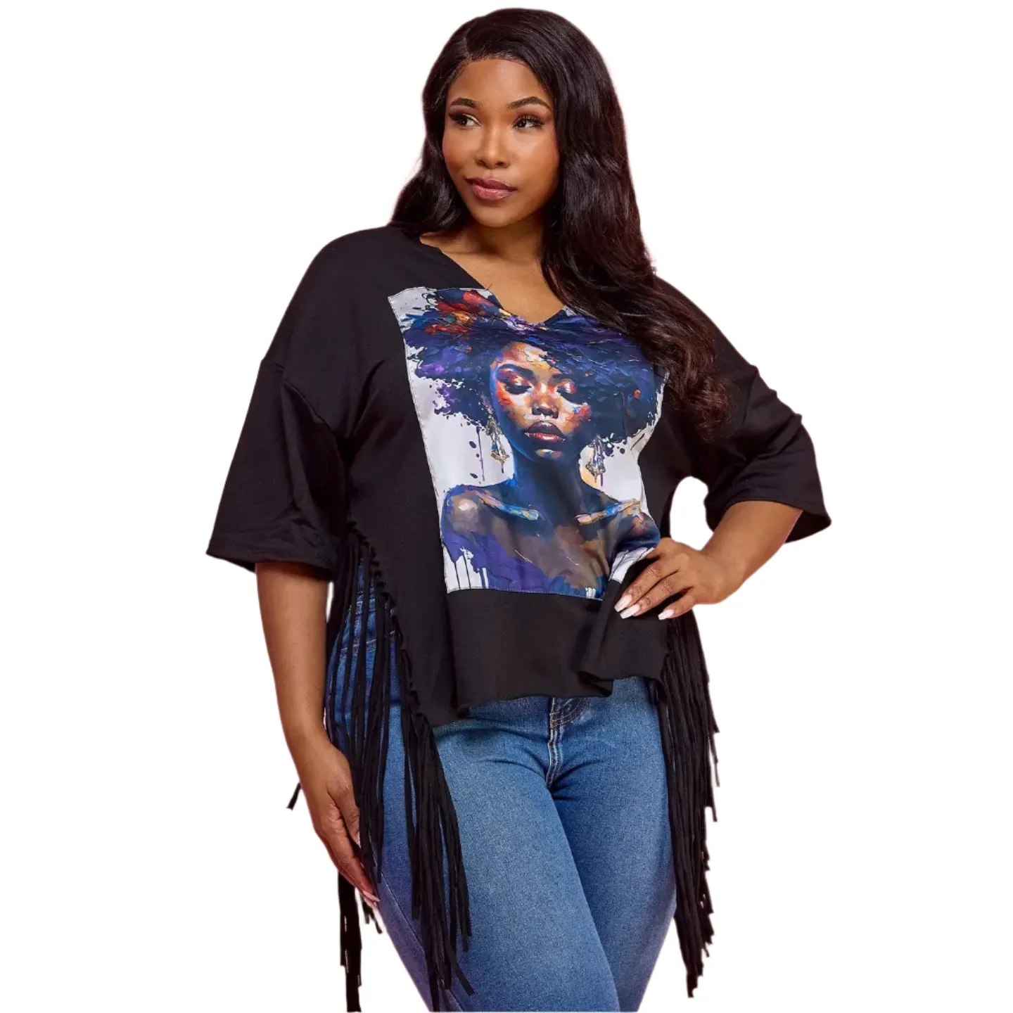 Deep V-Neck Top with Fringes