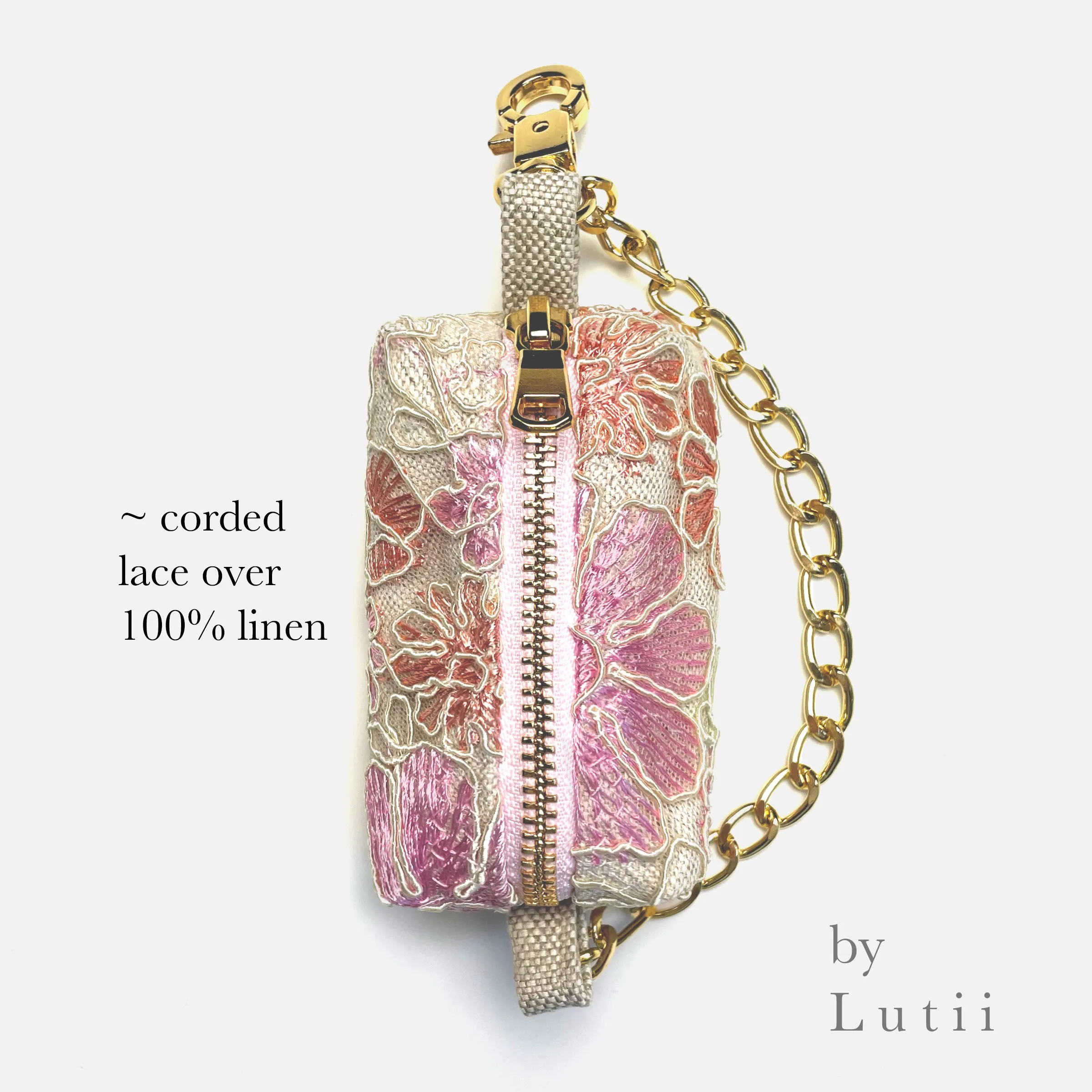 Dog poop bag dispenser ~ Corded Lace over linen