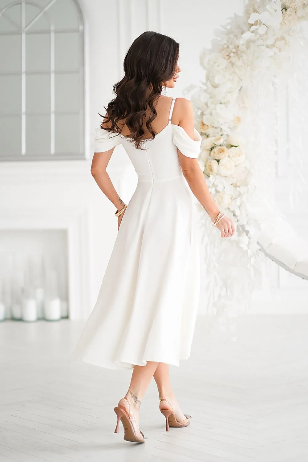 Draped top with dropped sleeves evening dress