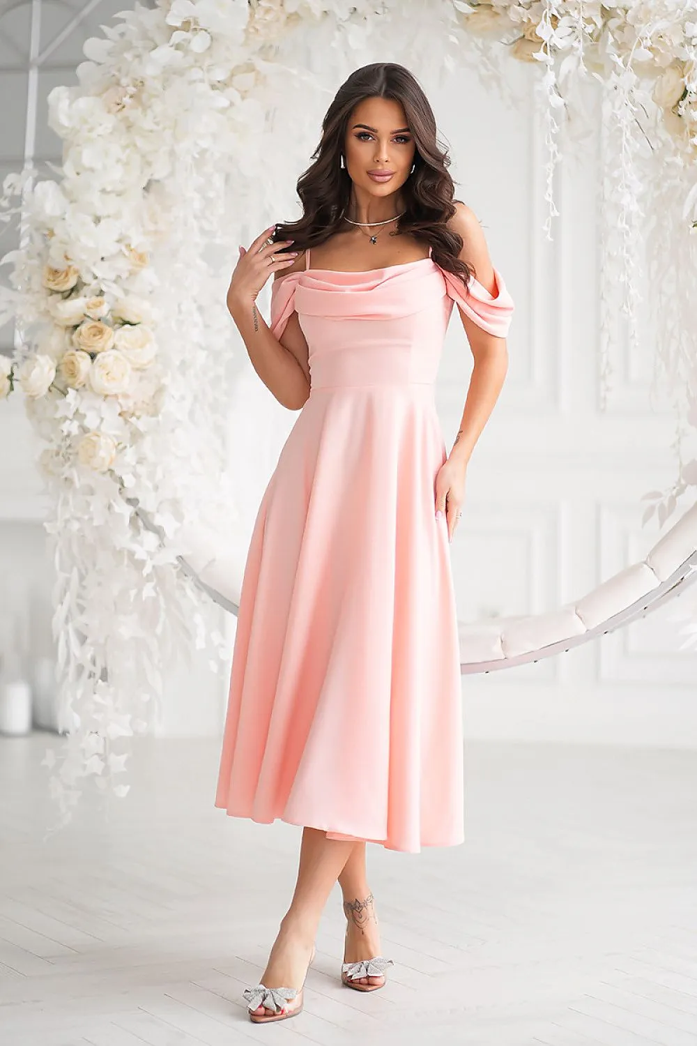 Draped top with dropped sleeves evening dress