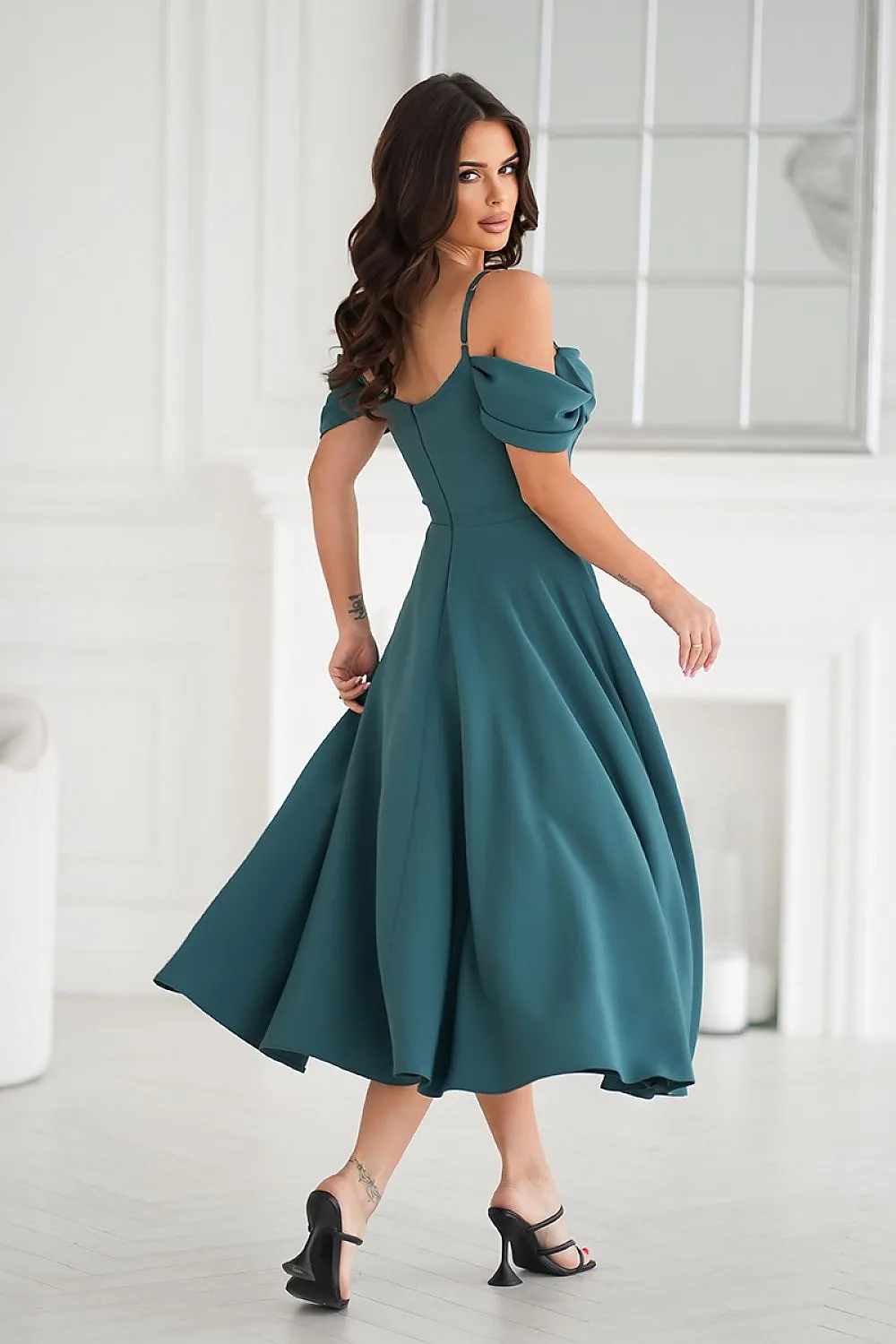 Draped top with dropped sleeves evening dress